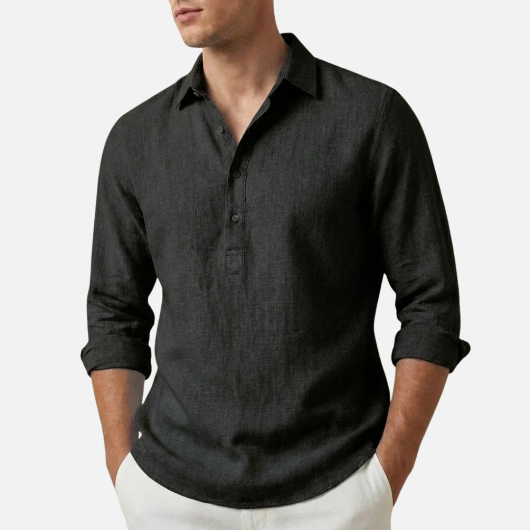 Camisa de lino de manga larga con cuello de pico para hombre