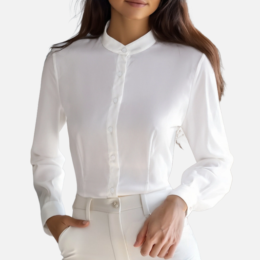 Women's White Linen Blouse | Mandarin Collar
