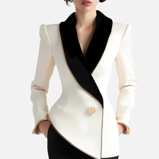 Women's Black and White Suit Jacket | Tailored Shawl Collar Fitted Blazer
