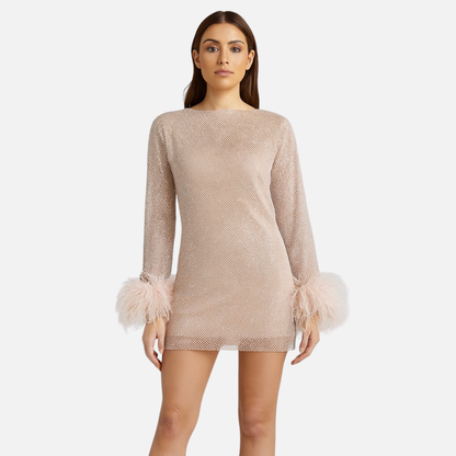 Minivestido de lentejuelas brillantes para mujer - Elegante vestido de fiesta con puños de plumas