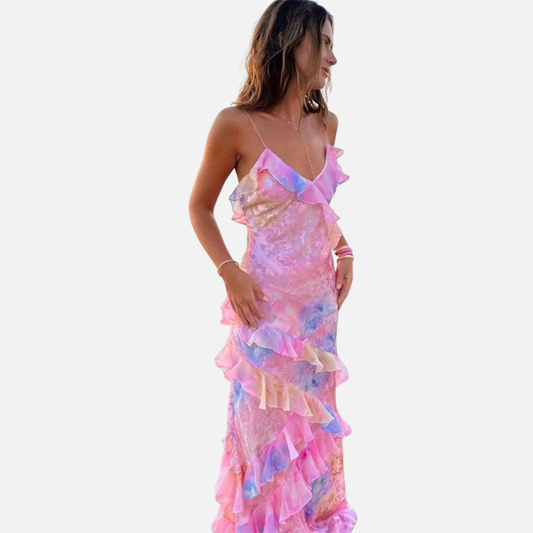 Amber | Women's Floral Ruffle Backless Maxi Dress