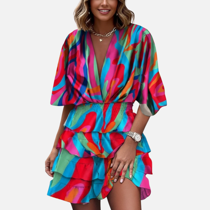 Women's Boho Tiered Mini Dress - Colorful V-Neck Summer Party Dress