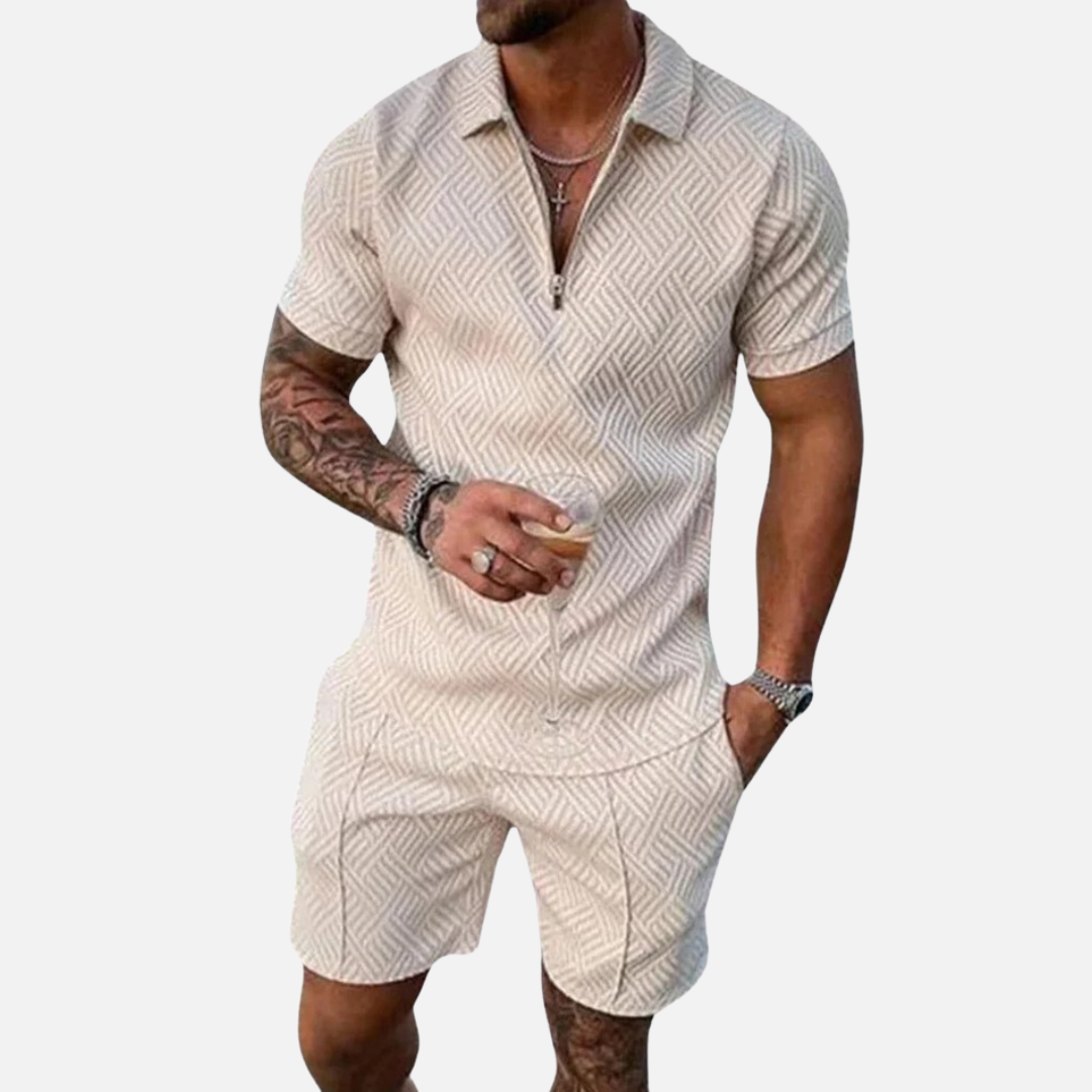 Conjunto de polo texturizado y shorts para hombre | Conjunto de cuello con cremallera informal de verano a juego