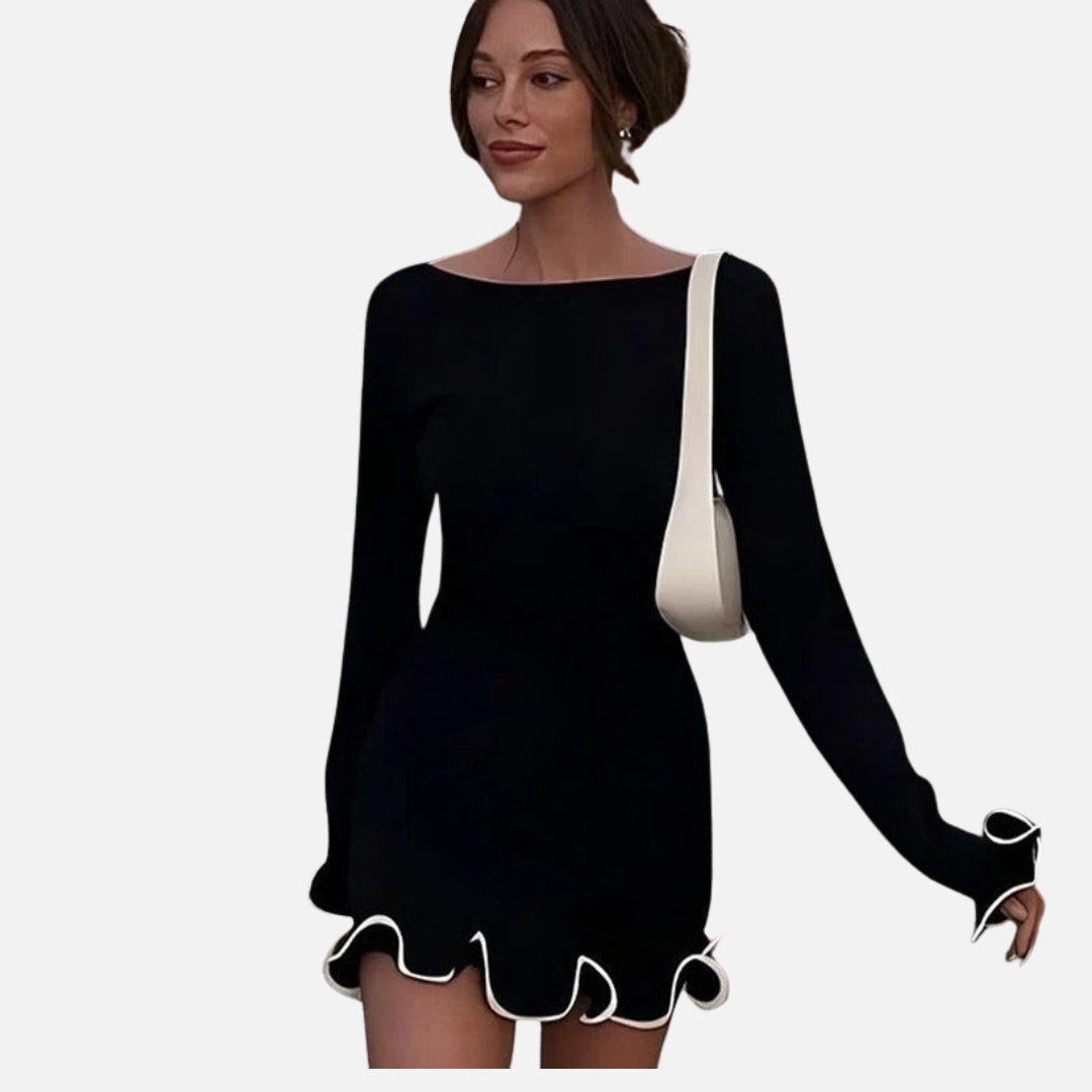 Zoe | Women's Long-Sleeve Ruffle Hem Knit Mini Dress – Evening Wear