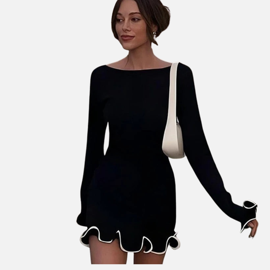 Zoe | Women's Long-Sleeve Ruffle Hem Knit Mini Dress – Evening Wear