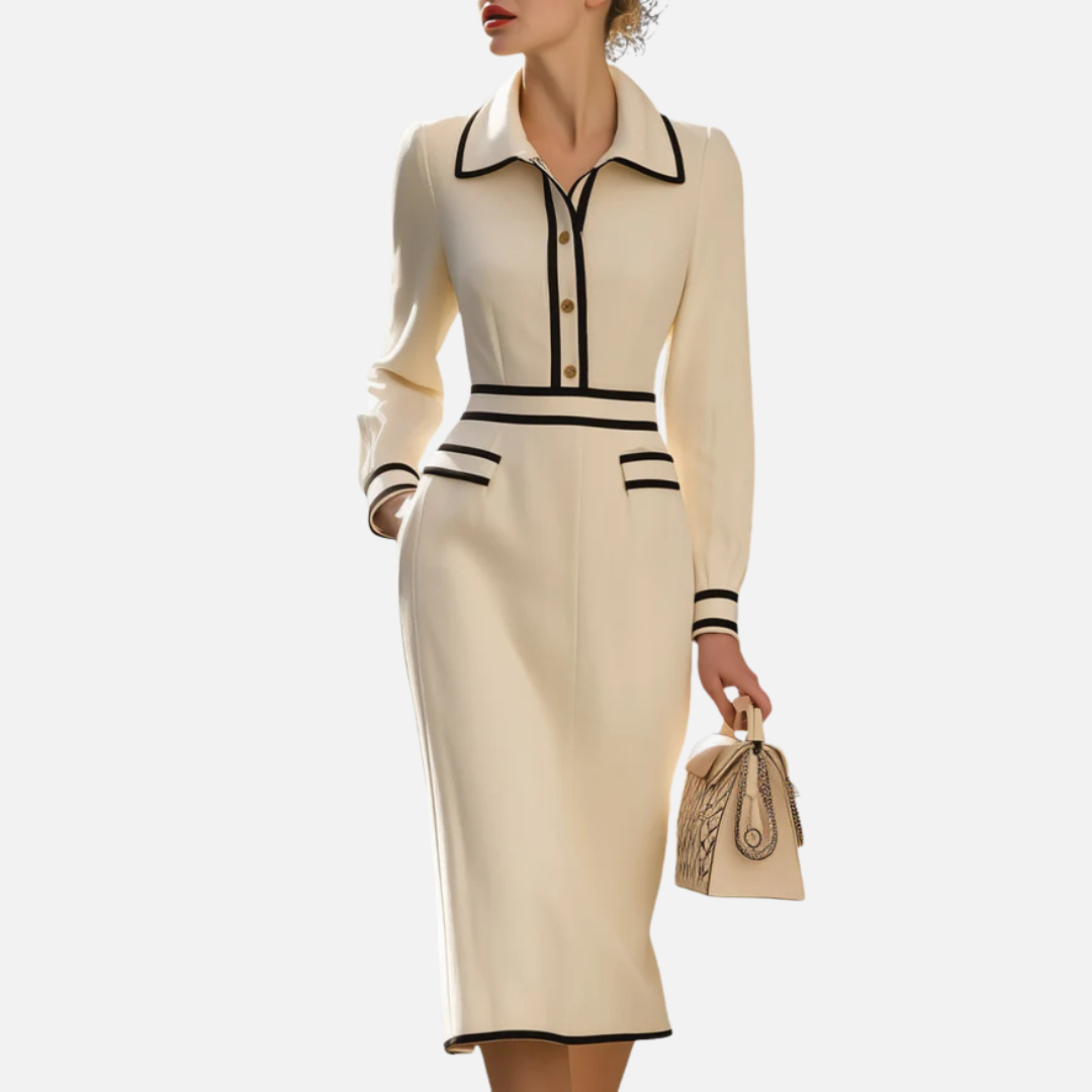 Vestido Midi Tejido con Cuello Polo para Mujer | Ajustado con Cremallera Delantera y Ribete Contraste