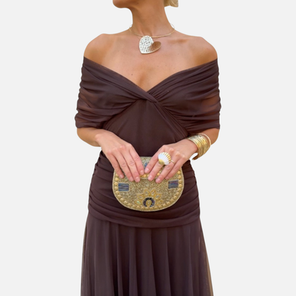 Vestido de gasa formal de mujer con hombros descubiertos | Nudo torcido en el corpiño para invitada de boda