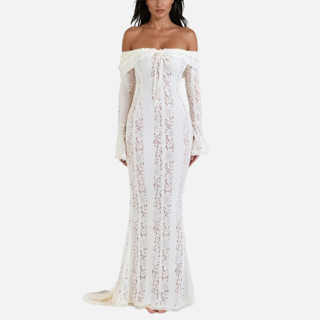 Vestido largo de encaje con hombros descubiertos para mujer - Elegante vestido de noche corte sirena