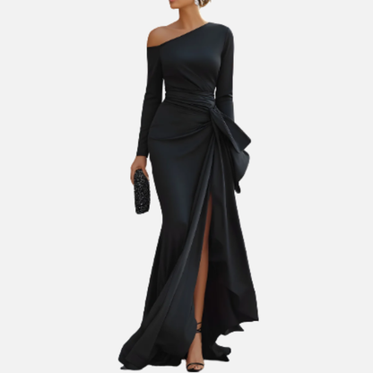 Vestido de noche formal negro de un solo hombro con manga larga y corte sirena para mujer