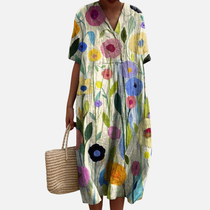 Vestido midi floral para mujer | Vestido de verano informal bohemio de manga corta con cuello en V