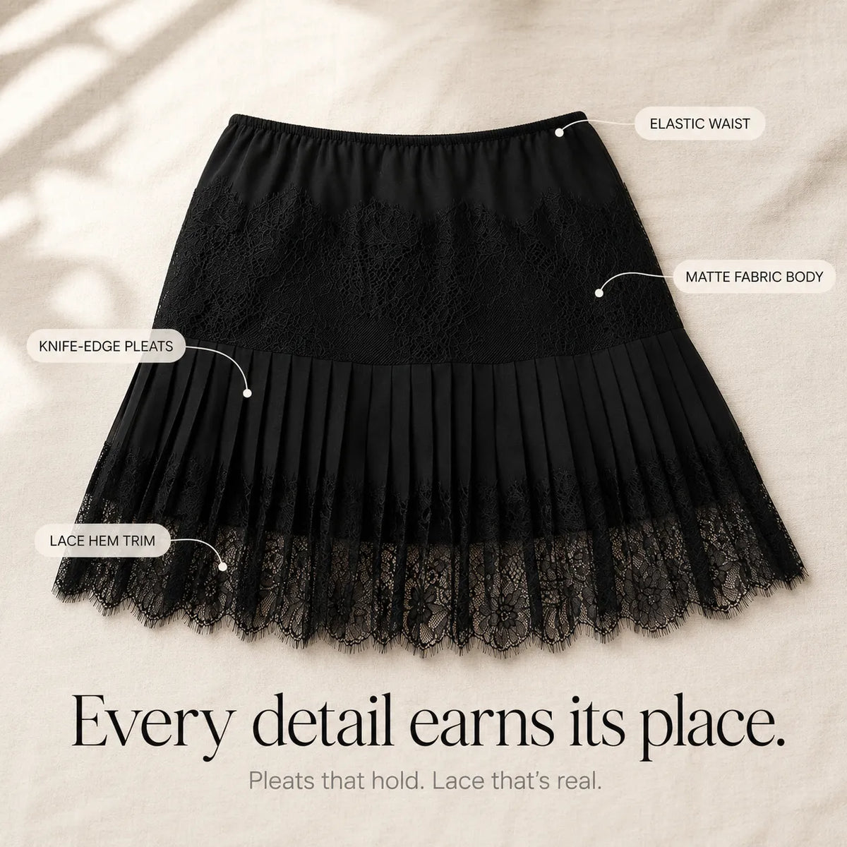 Women's Pleated Mini Skirt – Lace Trim, Elasticised Waistband