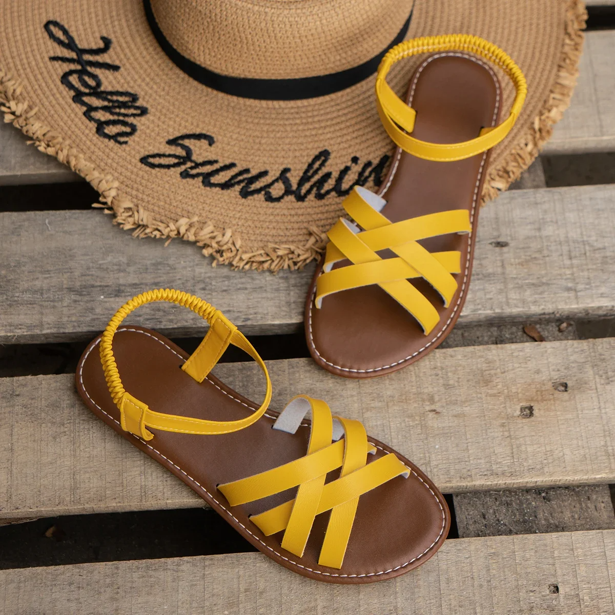 Women's Strappy Flat Sandals with Elastic Ankle Strap