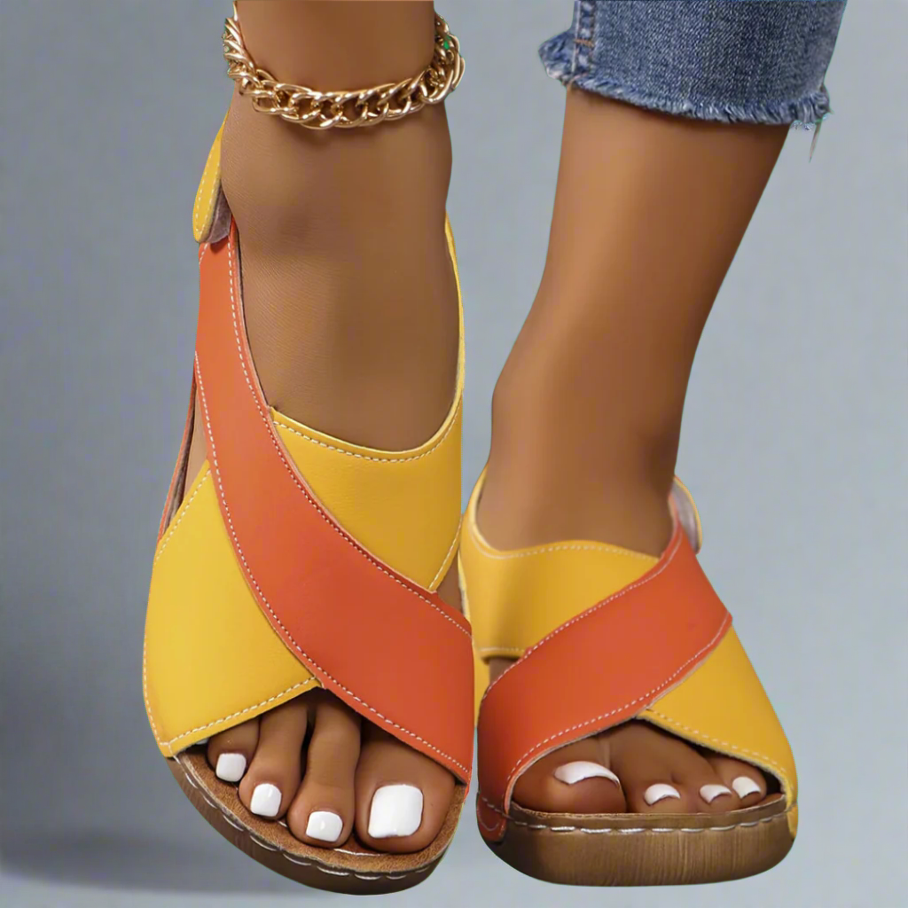 Women's Slingback Sandals – Low Wedge Sole, Contrast Stitching