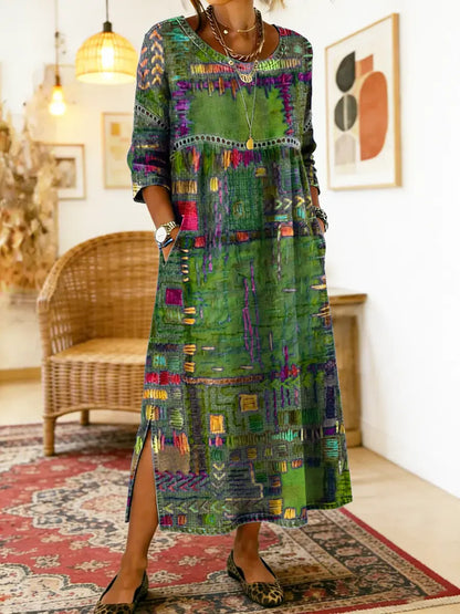 Women's Patchwork Midi Dress with 3/4 Sleeves