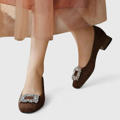 Women's Suede Block Heel Pumps with Crystal Buckle