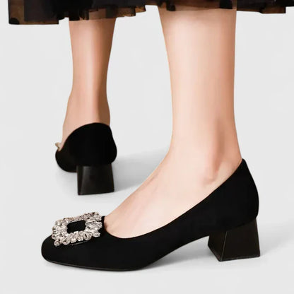 Women's Suede Block Heel Pumps with Crystal Buckle