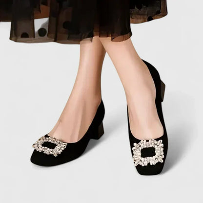 Women's Suede Block Heel Pumps with Crystal Buckle