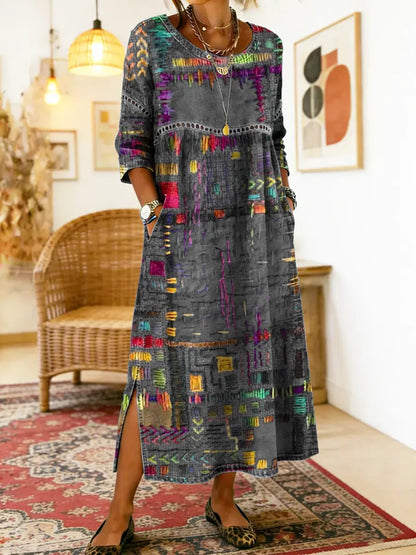Women's Patchwork Midi Dress with 3/4 Sleeves