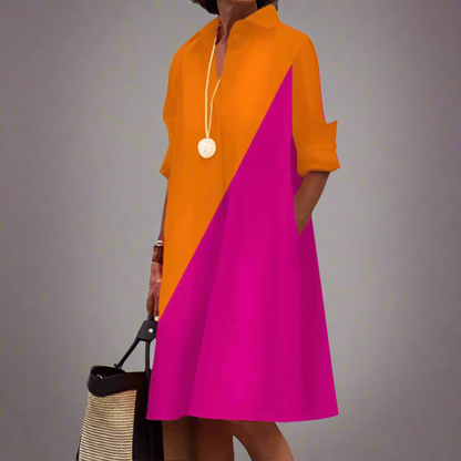 Women's Shirt Midi Dress with Collar and Pockets