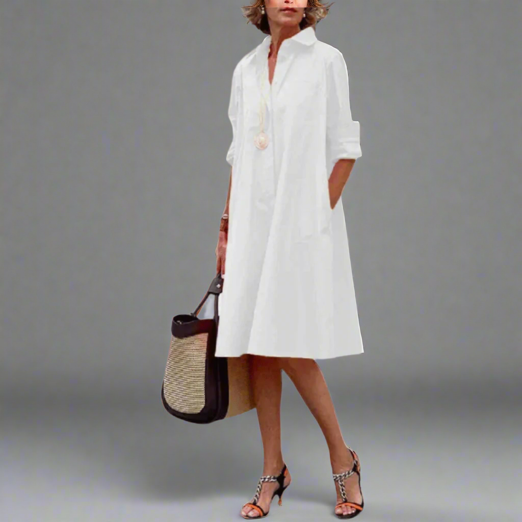 Women's Shirt Midi Dress with Collar and Pockets