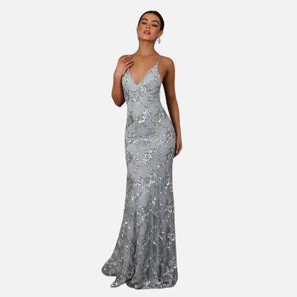 Vestido de noche formal de sirena con lentejuelas para mujer | Vestido de noche brillante con tirantes finos y cuello en V