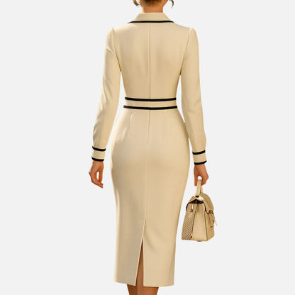 Vestido Midi Tejido con Cuello Polo para Mujer | Ajustado con Cremallera Delantera y Ribete Contraste