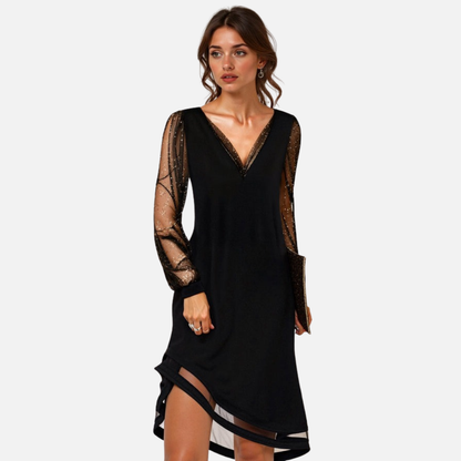 Vestido cruzado formal negro para mujer | Cuello V de encaje