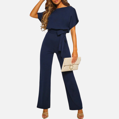Mono elegante de pernera ancha para mujer | Mono palazzo formal de manga corta con cinturón