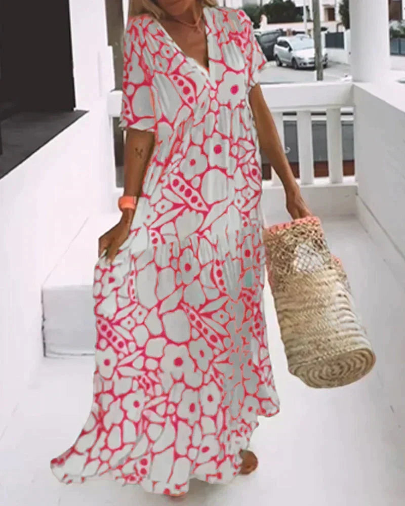 Women's Printed Maxi Dress with V-Neck and Short Sleeves