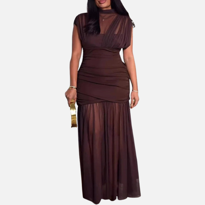 Vestido de noche maxi formal de malla con cuello alto y fruncido para mujer