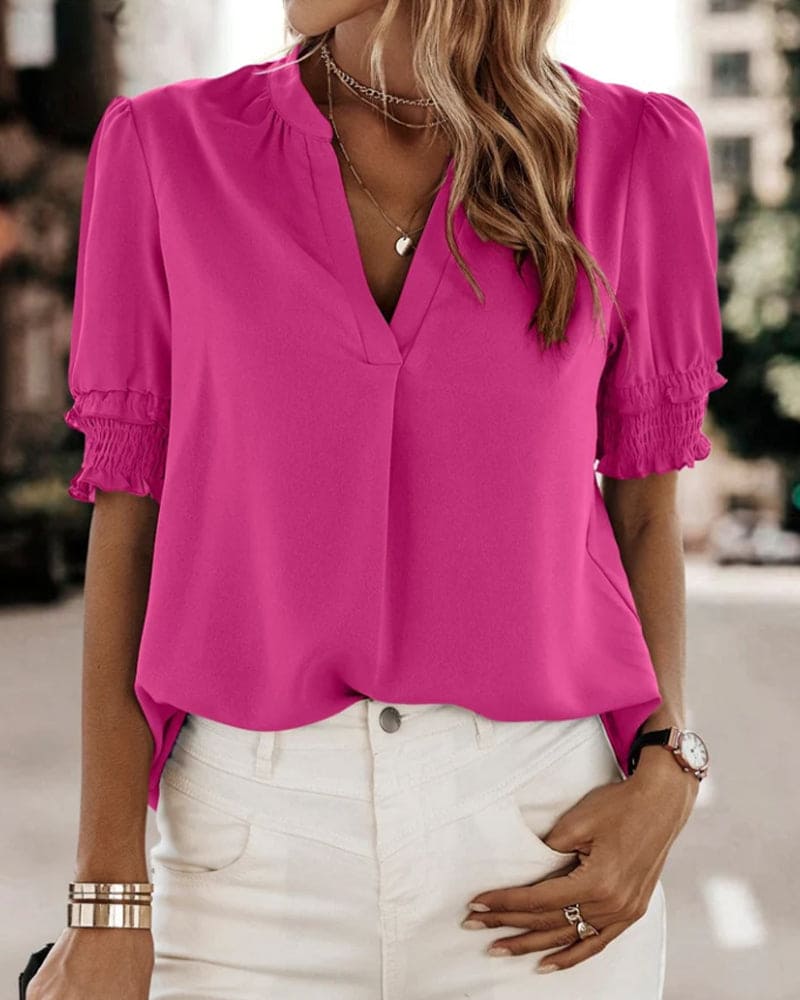 Women's Chiffon V-Neck Blouse with Smocked Short Sleeves
