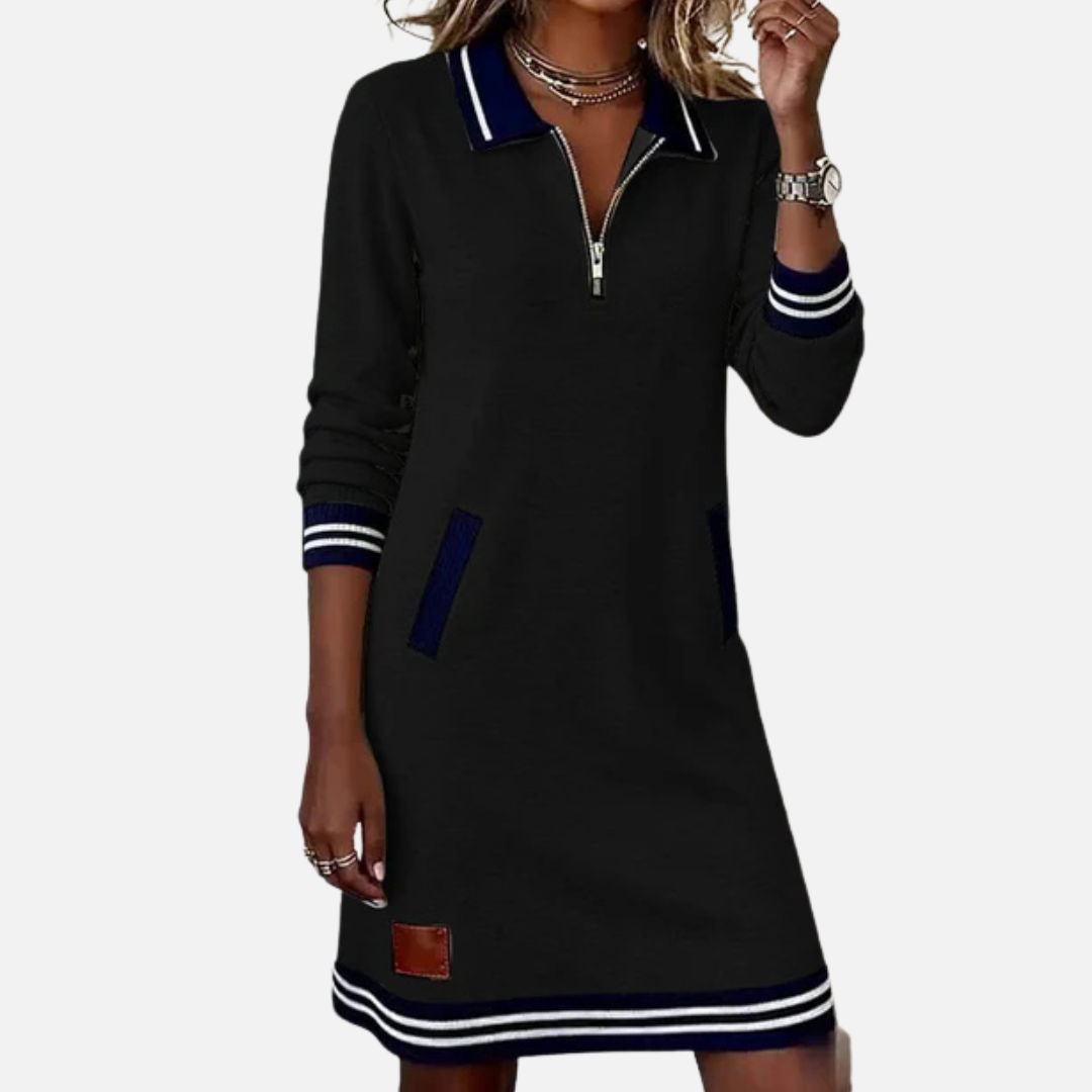 Danielle | Vestido tipo suéter con cuello de cremallera y manga larga con franjas deportivas