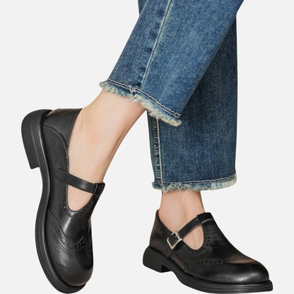 Zapatos planos Mary Jane de cuero con tira en T para mujer