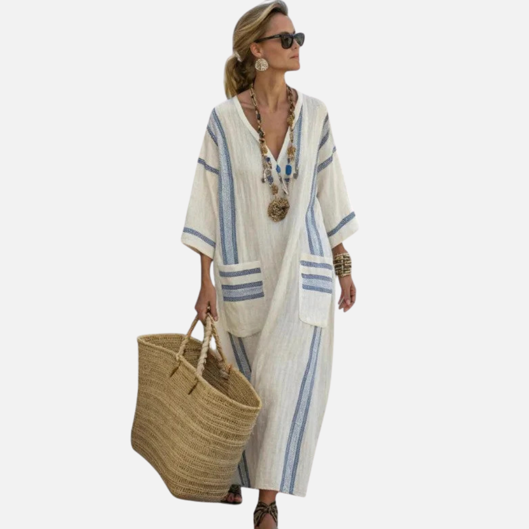 Vestido transpirable de lino a rayas para mujer