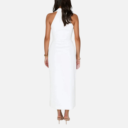 Vestido largo formal blanco con cuello halter para mujer | Espalda descubierta con escote en V pronunciado y entallado