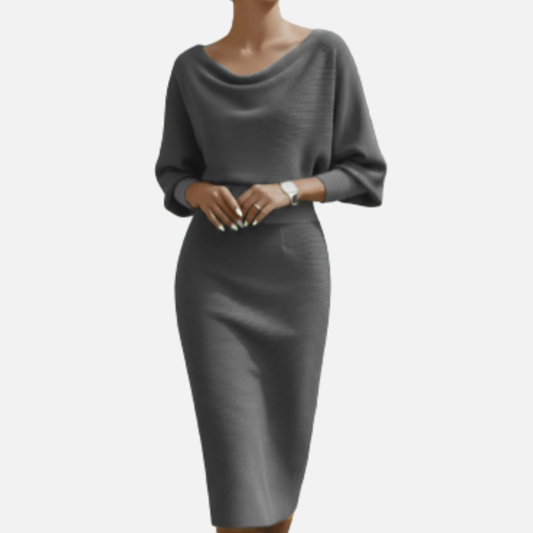 Vestido midi de punto buclé con cuello vuelto y manga murciélago para mujer