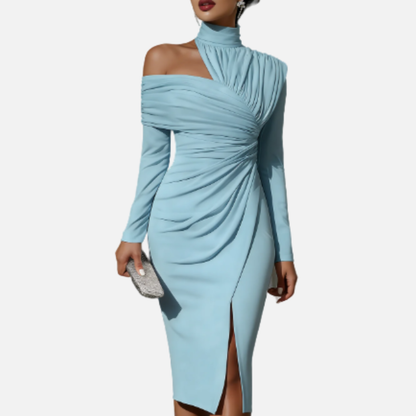 Vestido midi fruncido de cuello alto para mujer
