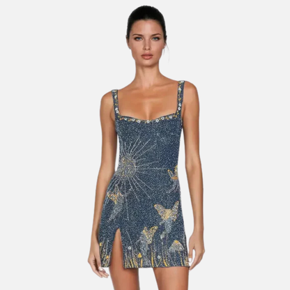 Minivestido con lentejuelas y abalorios para mujer | Cóctel brillante con estrellas