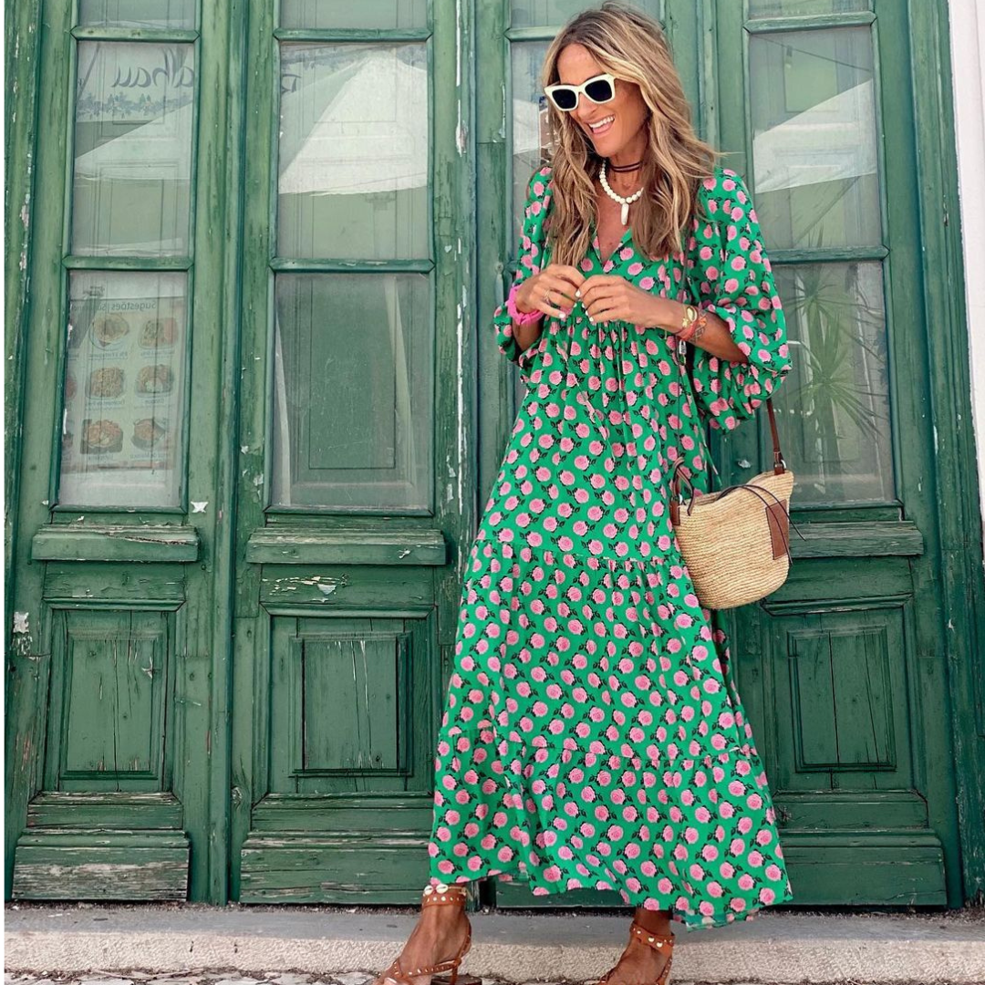 Women's Geometric High Low Maxi Dress with V Neck