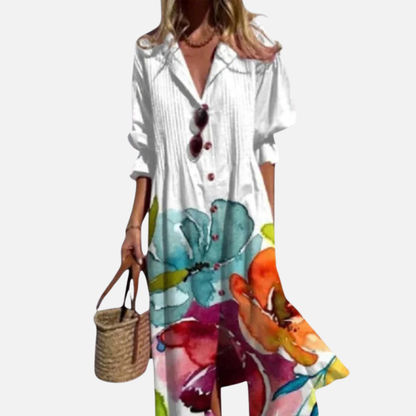 Vestido midi abstracto con cuello en V para mujer