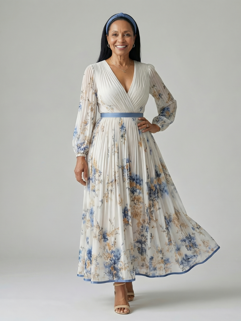 Women's Wrap Midi Dress – Floral Pleated, Long Sleeve, Chiffon