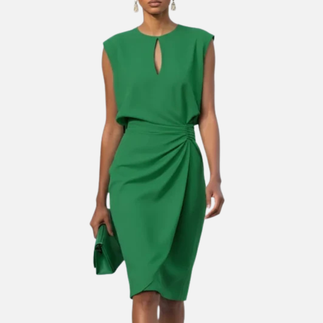 Remedios | Vestido midi fruncido con escote tipo ojo de cerradura para mujer