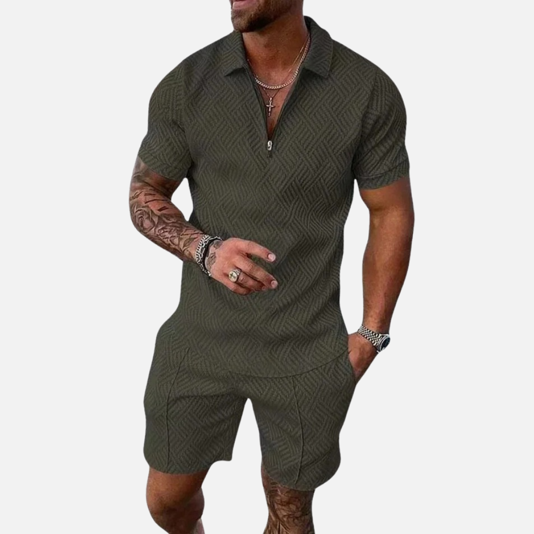 Conjunto de polo texturizado y shorts para hombre | Conjunto de cuello con cremallera informal de verano a juego