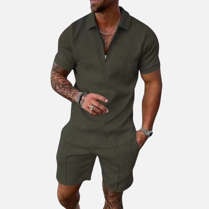 Conjunto de polo texturizado y shorts para hombre | Conjunto de cuello con cremallera informal de verano a juego