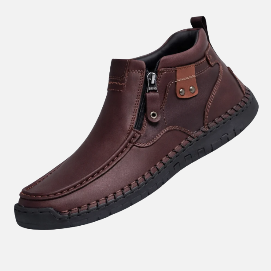 Botines Ortopédicos de Cuero para Hombre | Pespunte Mocasín con Cremallera Lateral