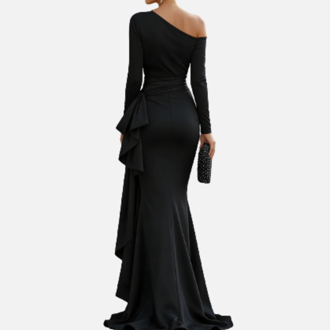 Vestido de noche formal negro de un solo hombro con manga larga y corte sirena para mujer