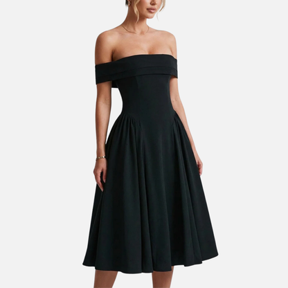 Vestido midi formal de mujer con hombros descubiertos | Plisado de corte A