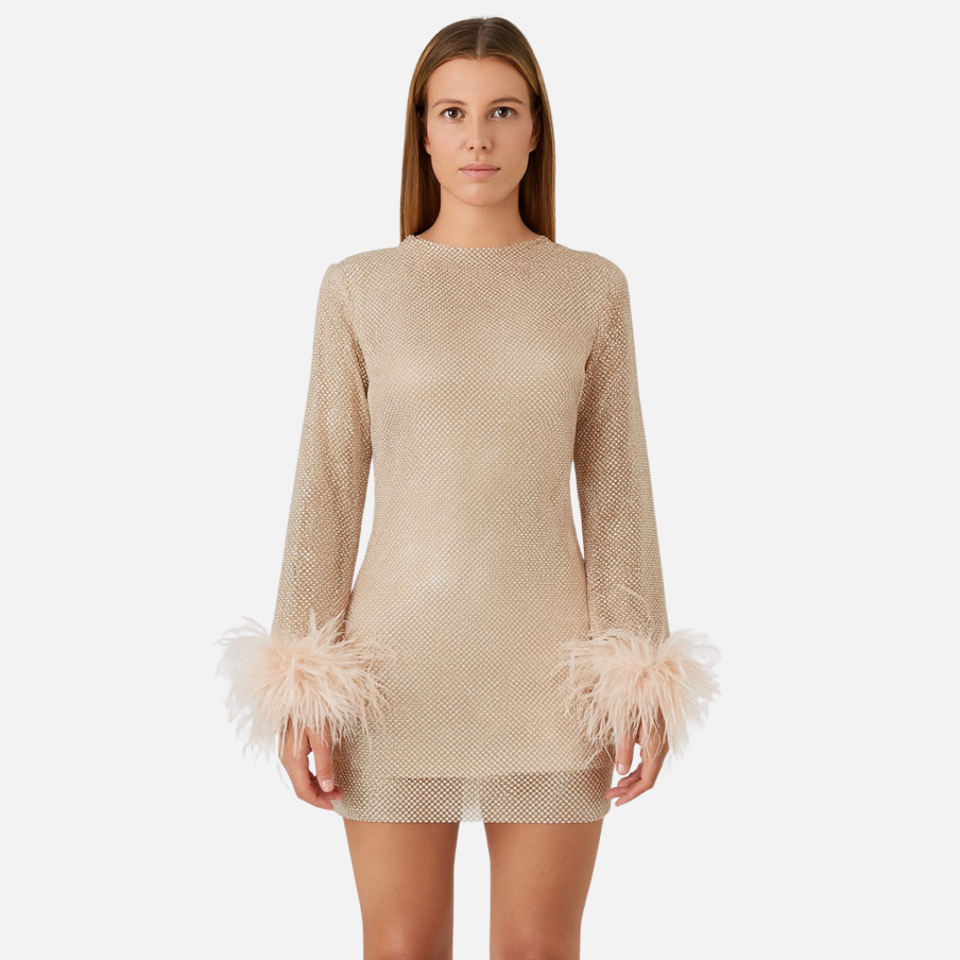Minivestido de lentejuelas brillantes para mujer - Elegante vestido de fiesta con puños de plumas