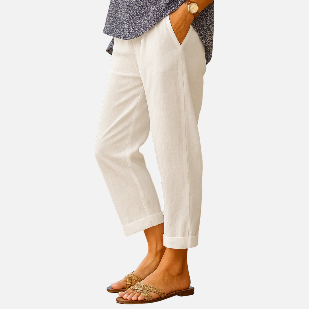 Pantalones casuales de lino para mujer - Pantalones capri cónicos de ajuste relajado
