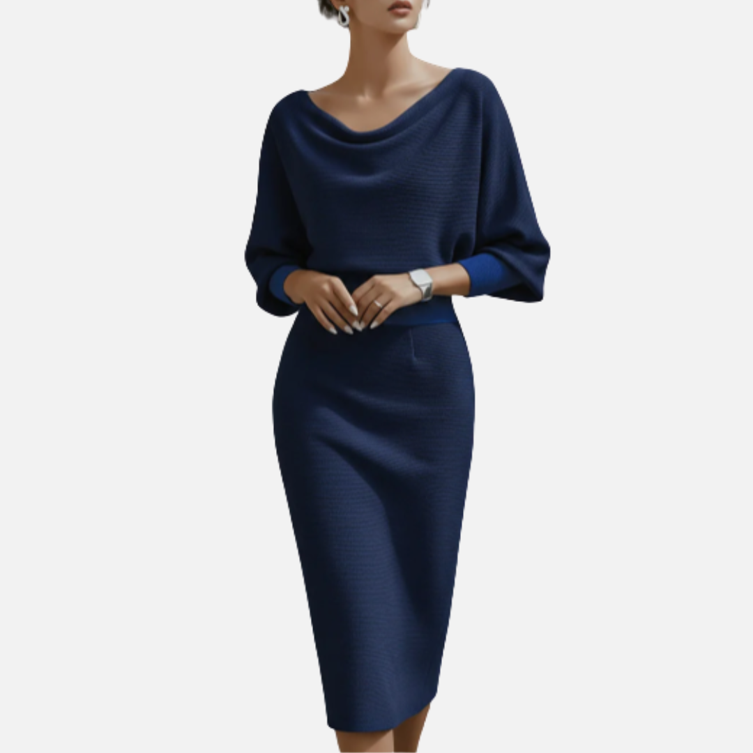 Vestido midi formal de punto con cuello desbocado y manga murciélago para mujer